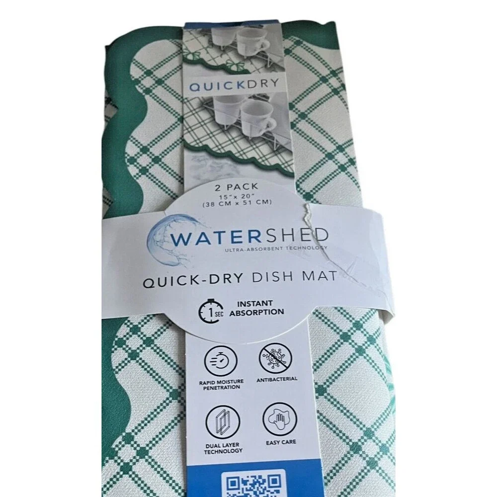 Watershed Quick Dry Kitchen Dish Drying Mat Set Of 2 Green Plaid Rubber Back